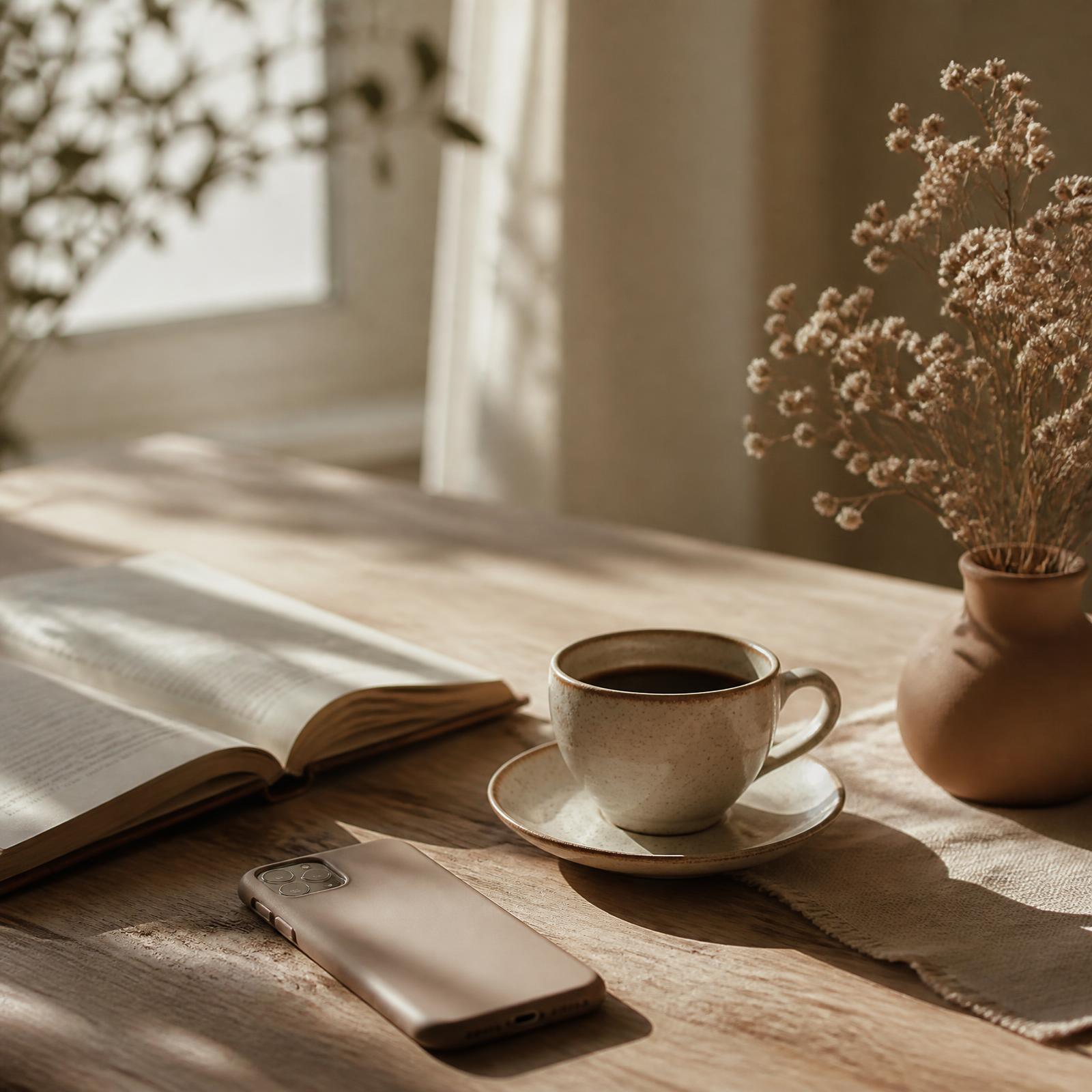 Mesa com café, livro aberto e celular sob luz suave da manhã