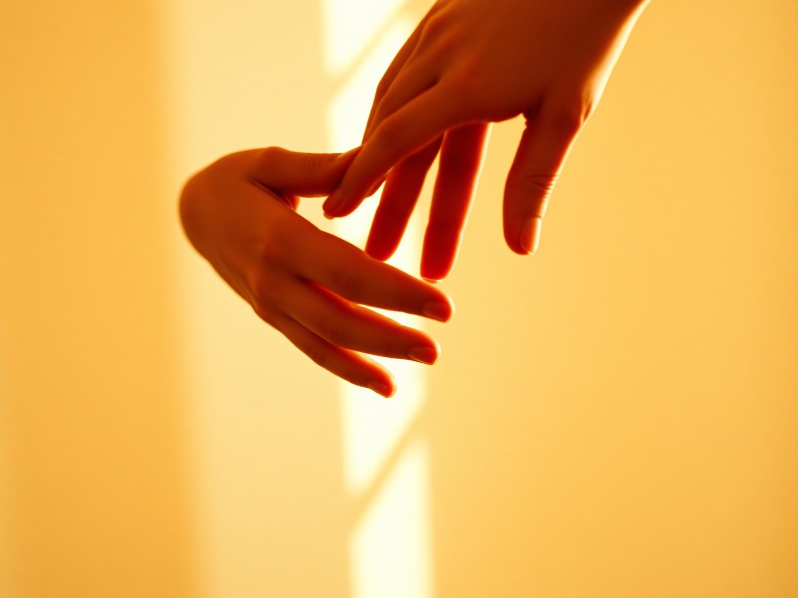 Duas mãos se aproximando em luz dourada e suave